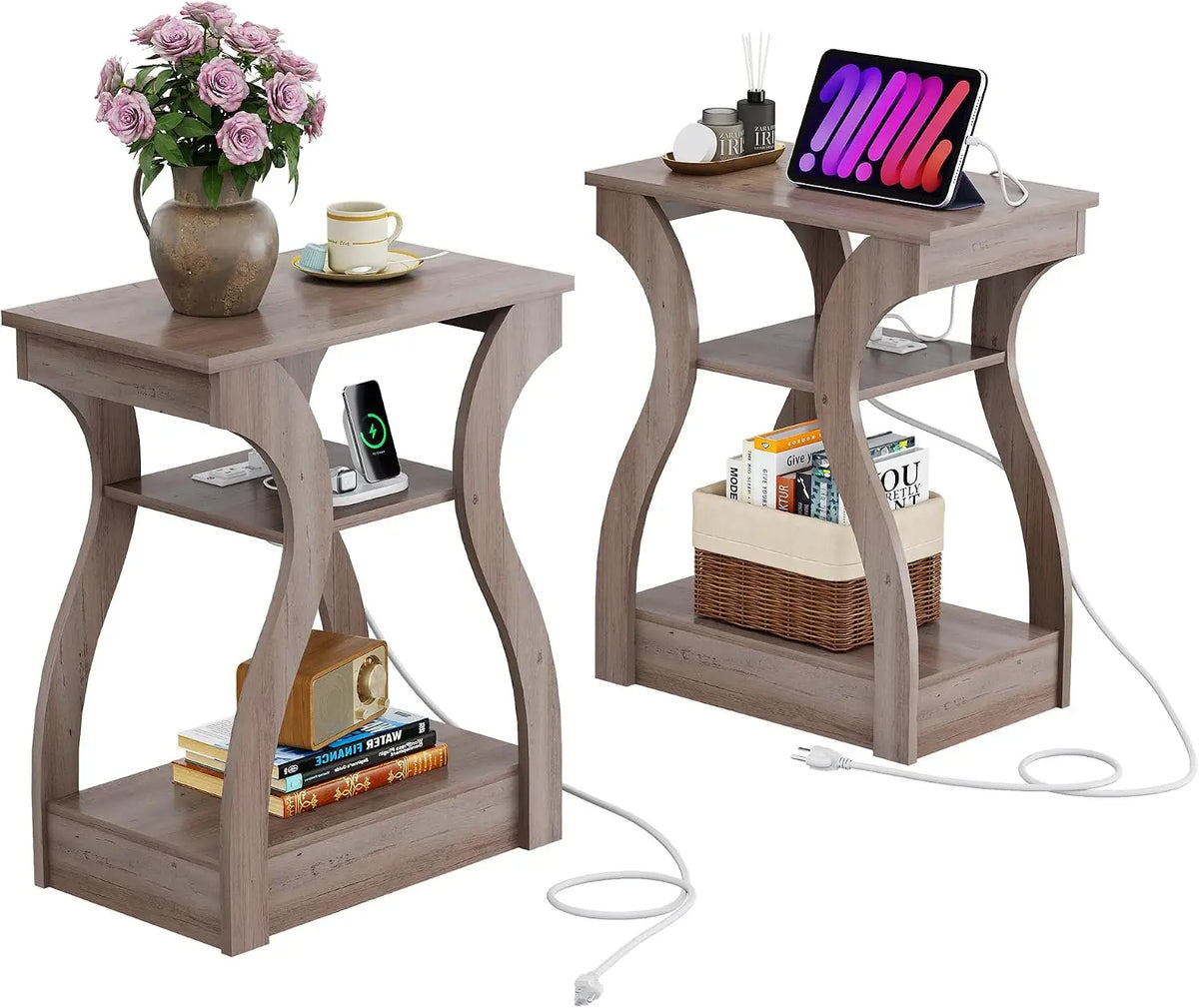 Wooden End Tables With Charging Station And Storage Shelf