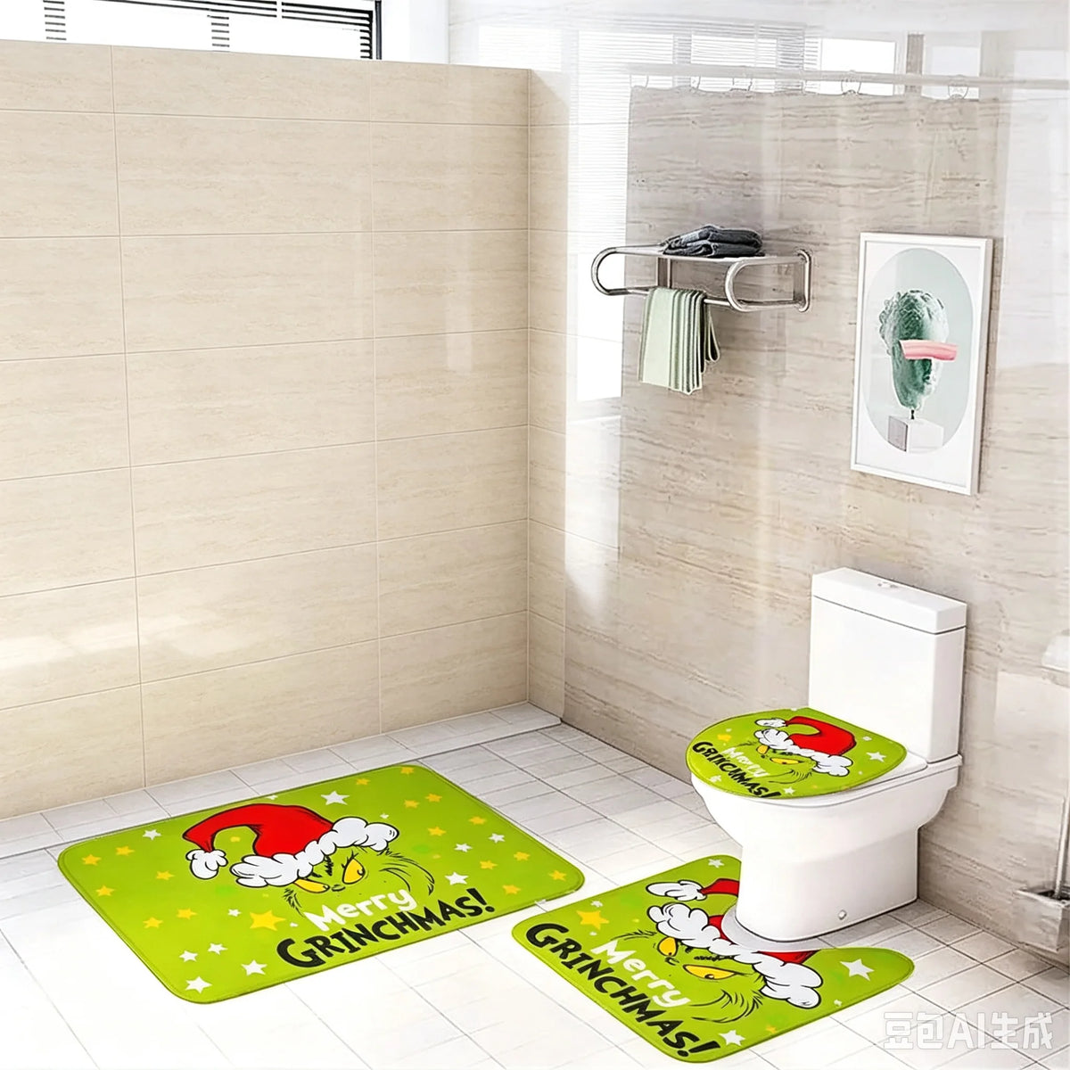 Soft Christmas Merry Grinchmas Non Slip Bathroom Rug Set