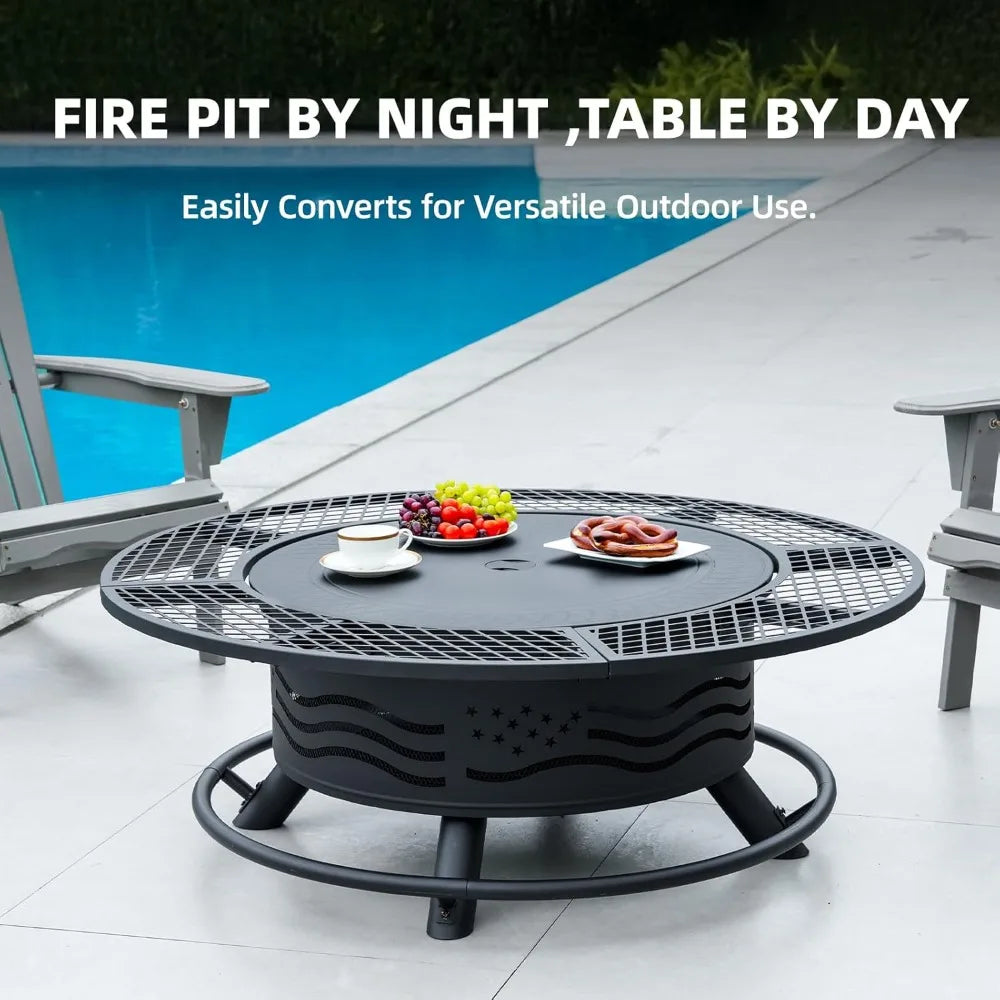 Outdoor Fire Pit With Dual Grates And Lid For Backyard