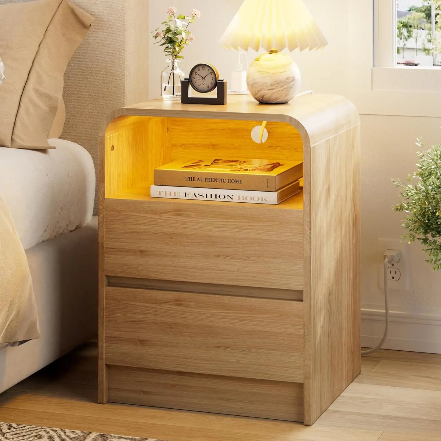 Nightstand With Charging Station And LED Light Two Drawers