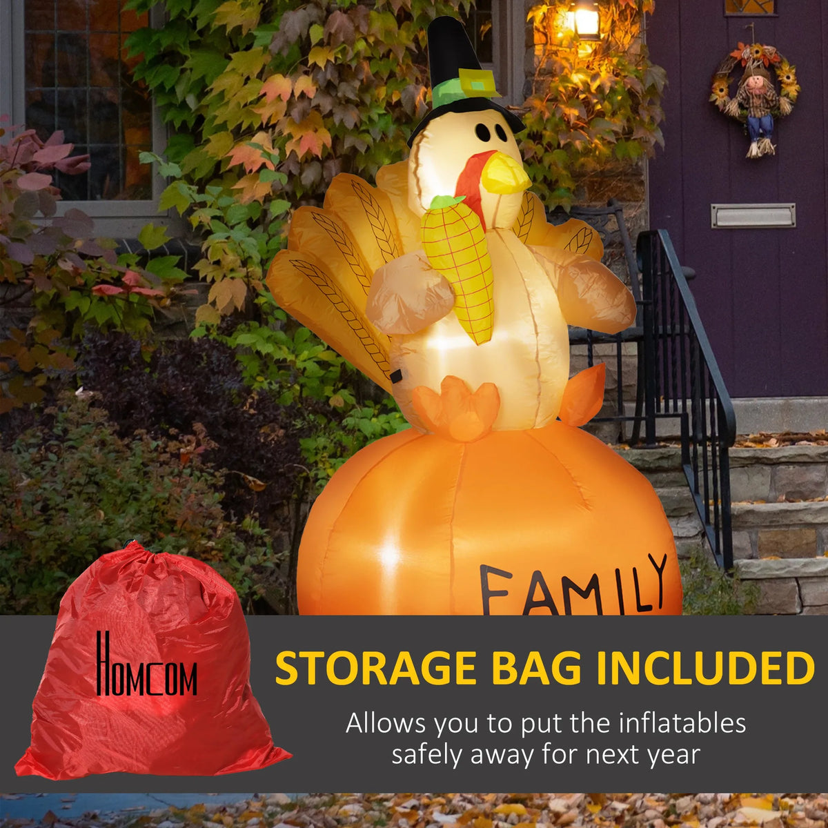 HOMCOM Inflatable Thanksgiving Turkey Decoration with LED Outdoor Yard Display