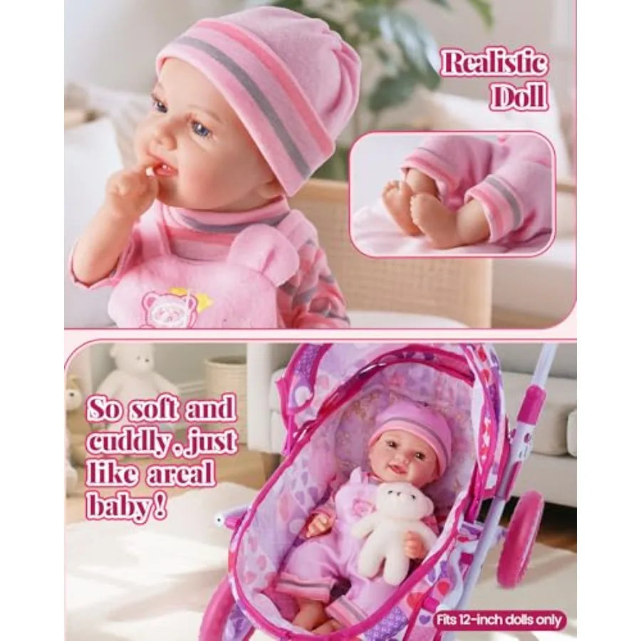 Folding Doll Pram Set With Baby Doll And 14 Accessories