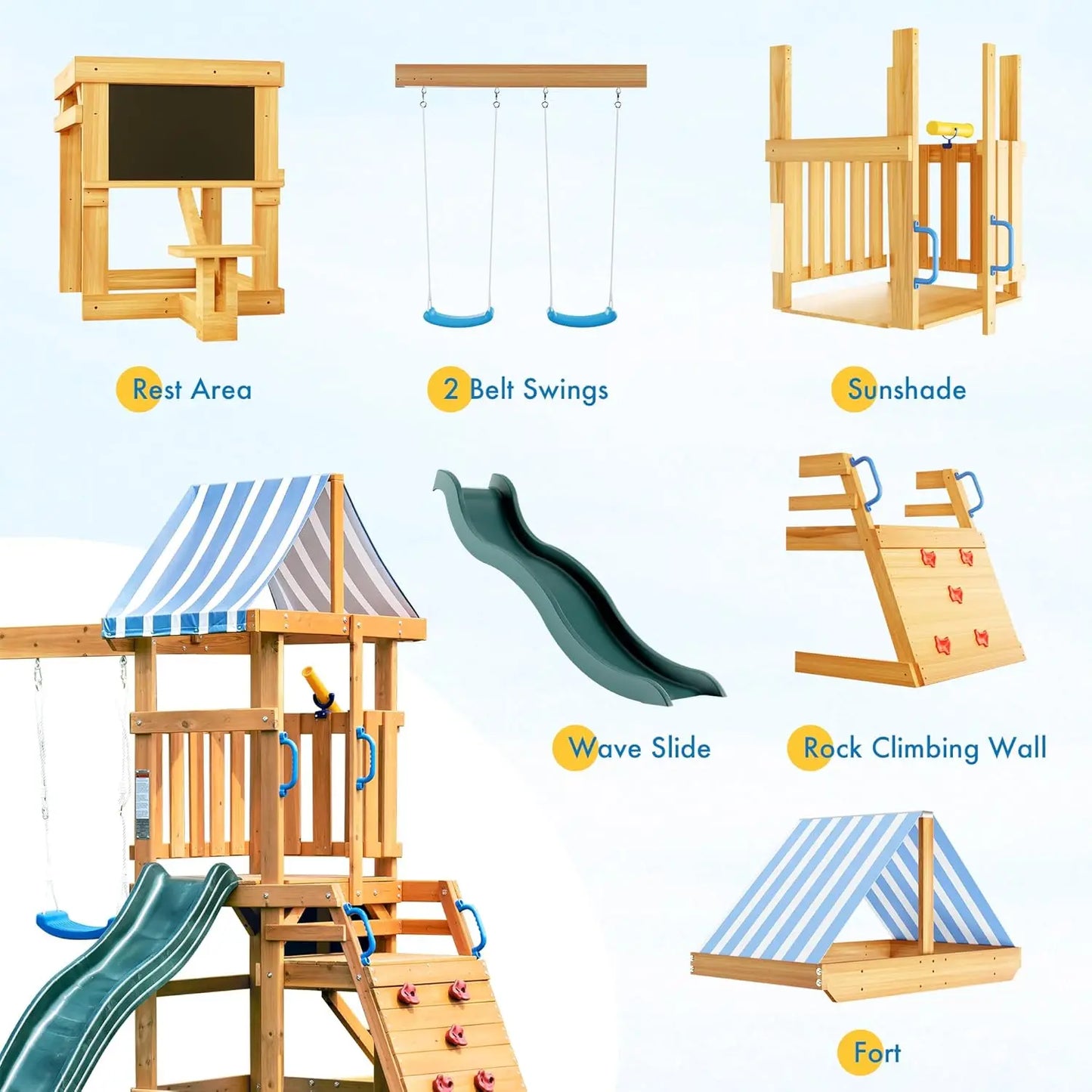 Rolife Robud Wooden Swing Set With Dual Swings Slide Fort
