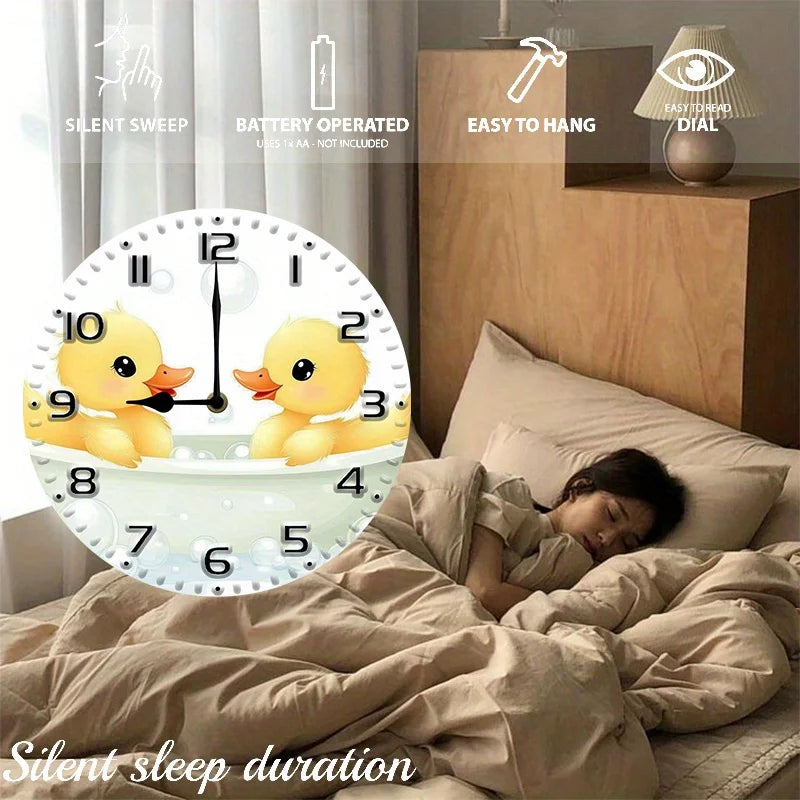 XMSJ Silent Wall Clock Duck Family Bubbles Veneer Battery Operated
