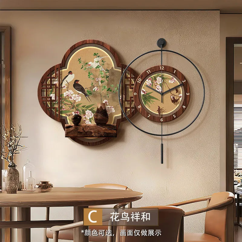 Chinese Flower and Bird Wall Clock Murals for Dining Room