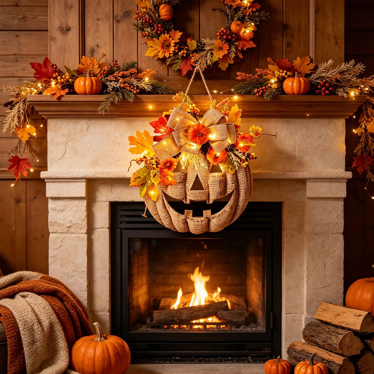 Lighted Burlap Pumpkin Wreath Halloween Door Hanging Decor