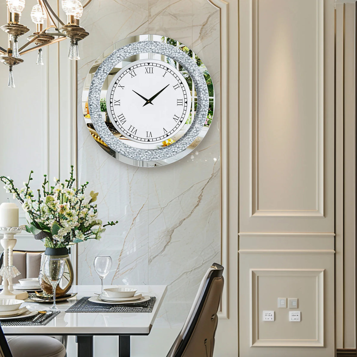 Crystal Sparkle Mirrored Wall Clock for Living Room Decor