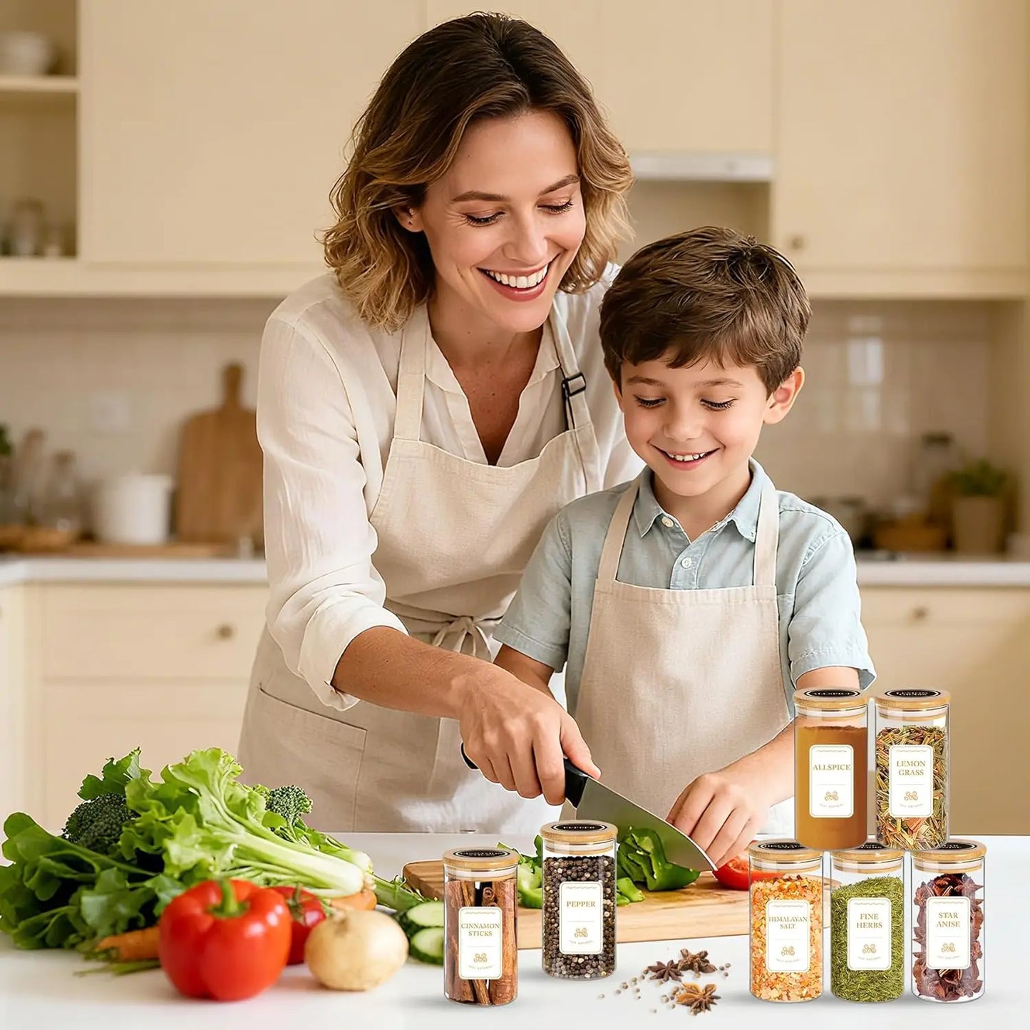 Glass Spice Jars With Bamboo Lids And Airtight Stackable Containers