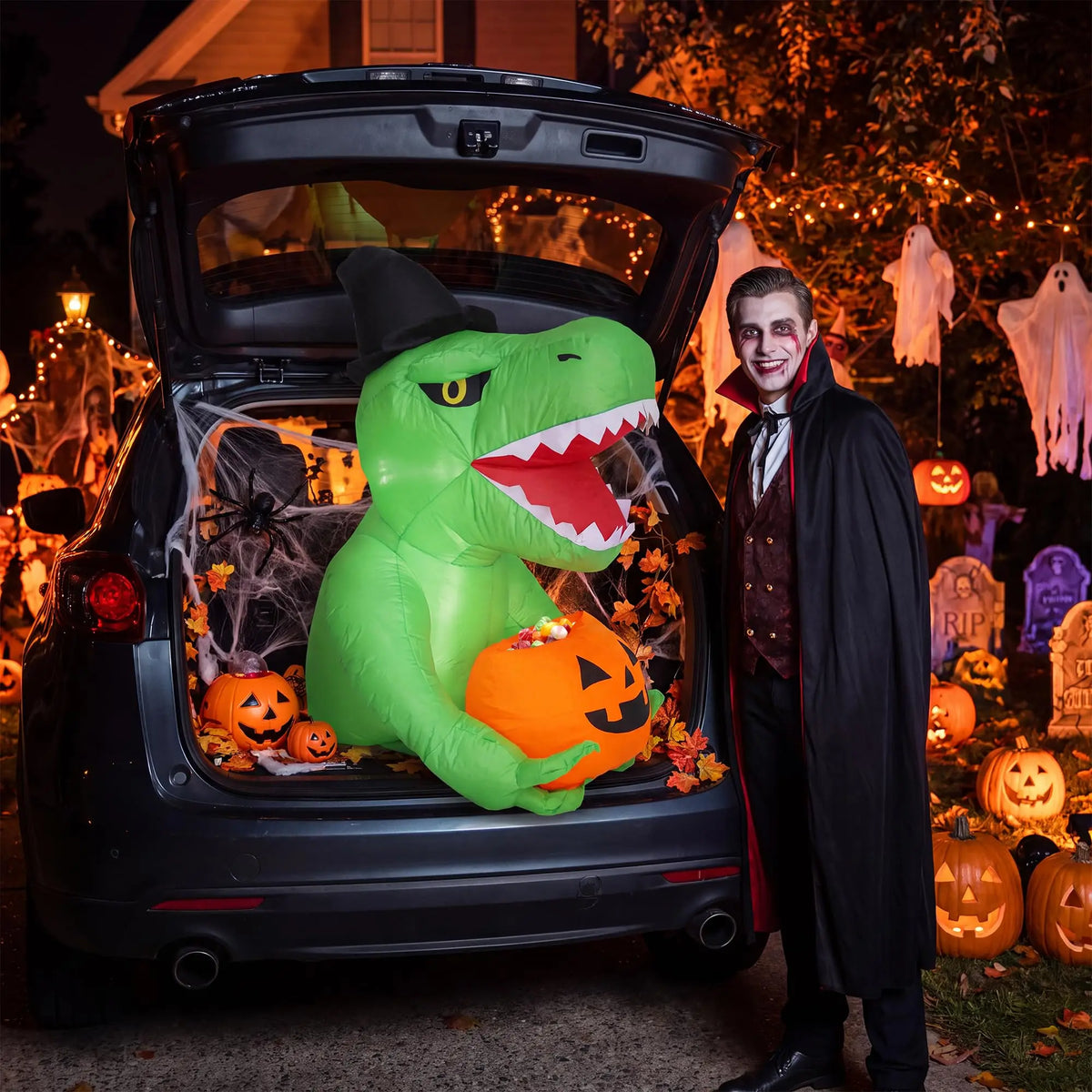 Animated Halloween Inflatable Dinosaur With Pumpkin LED Lights Outdoor Decoration
