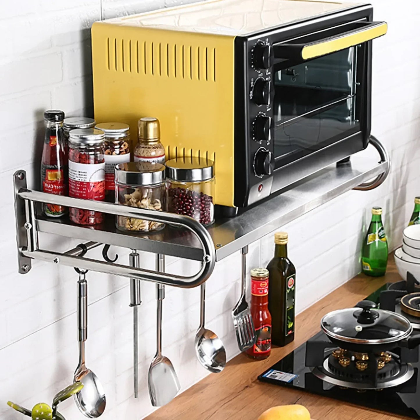 Stainless Steel Microwave Utensils Shelf Wall Mount With 6 Hooks