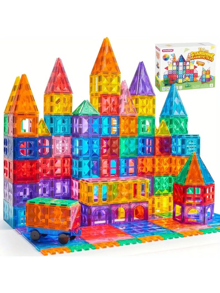Joyfy Magnetic Building Tiles Set 110 Pieces With Vehicle Blocks