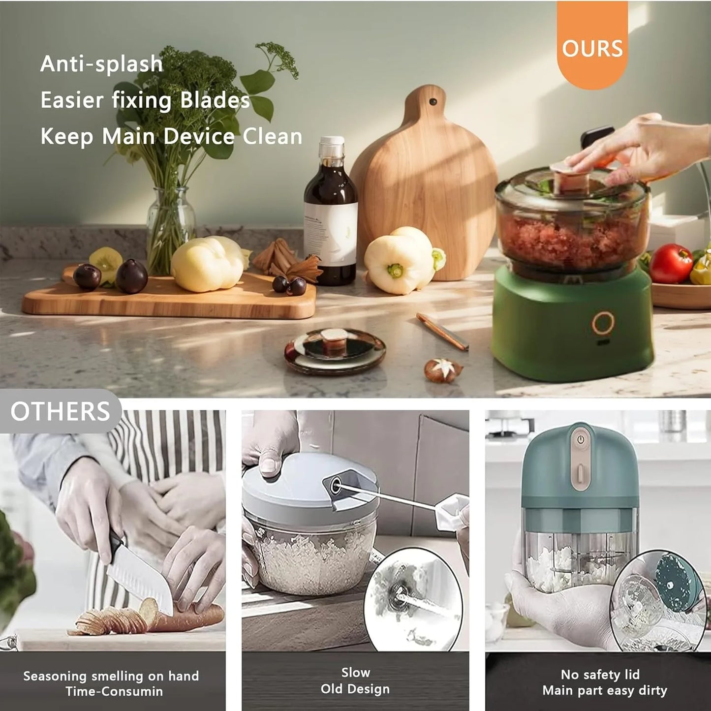Electric Mini Food Chopper USB Rechargeable Garlic Onion Grinder