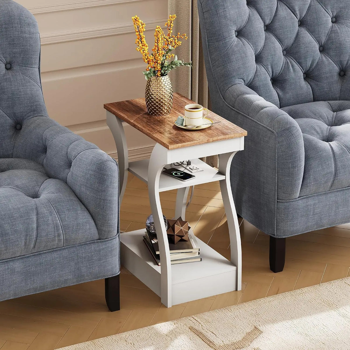 Wooden End Tables With Charging Station And Storage Shelf