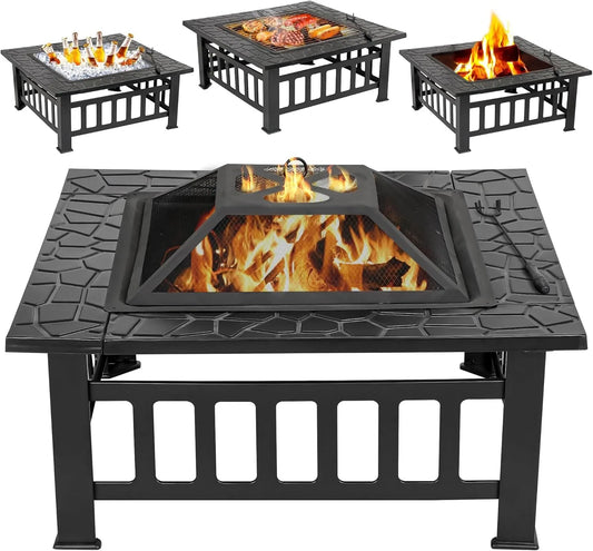 Outdoor Square Fire Pit With Spark Screen Lid And Waterproof Cover