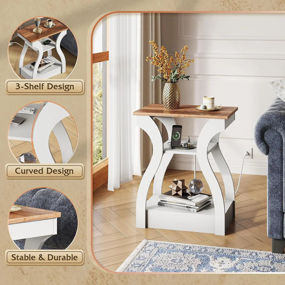 Wooden End Tables With Charging Station And Storage Shelf