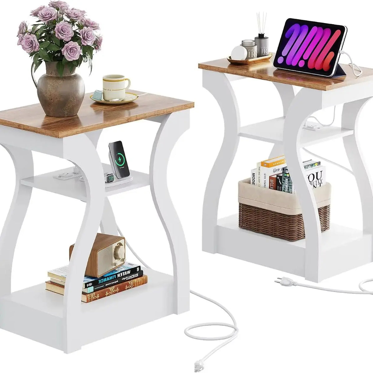 Wooden End Tables With Charging Station And Storage Shelf