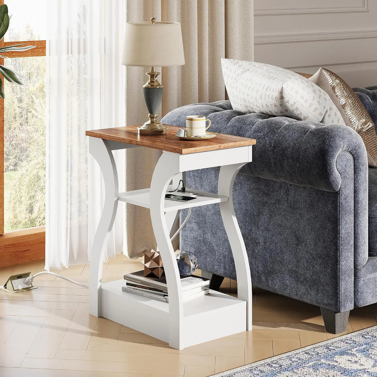 Wooden End Tables With Charging Station And Storage Shelf
