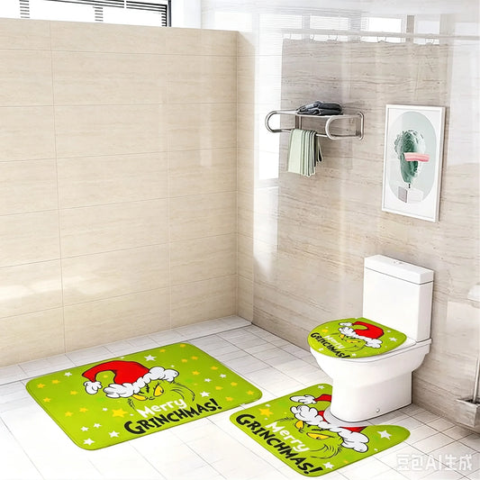 Soft Christmas Merry Grinchmas Non Slip Bathroom Rug Set