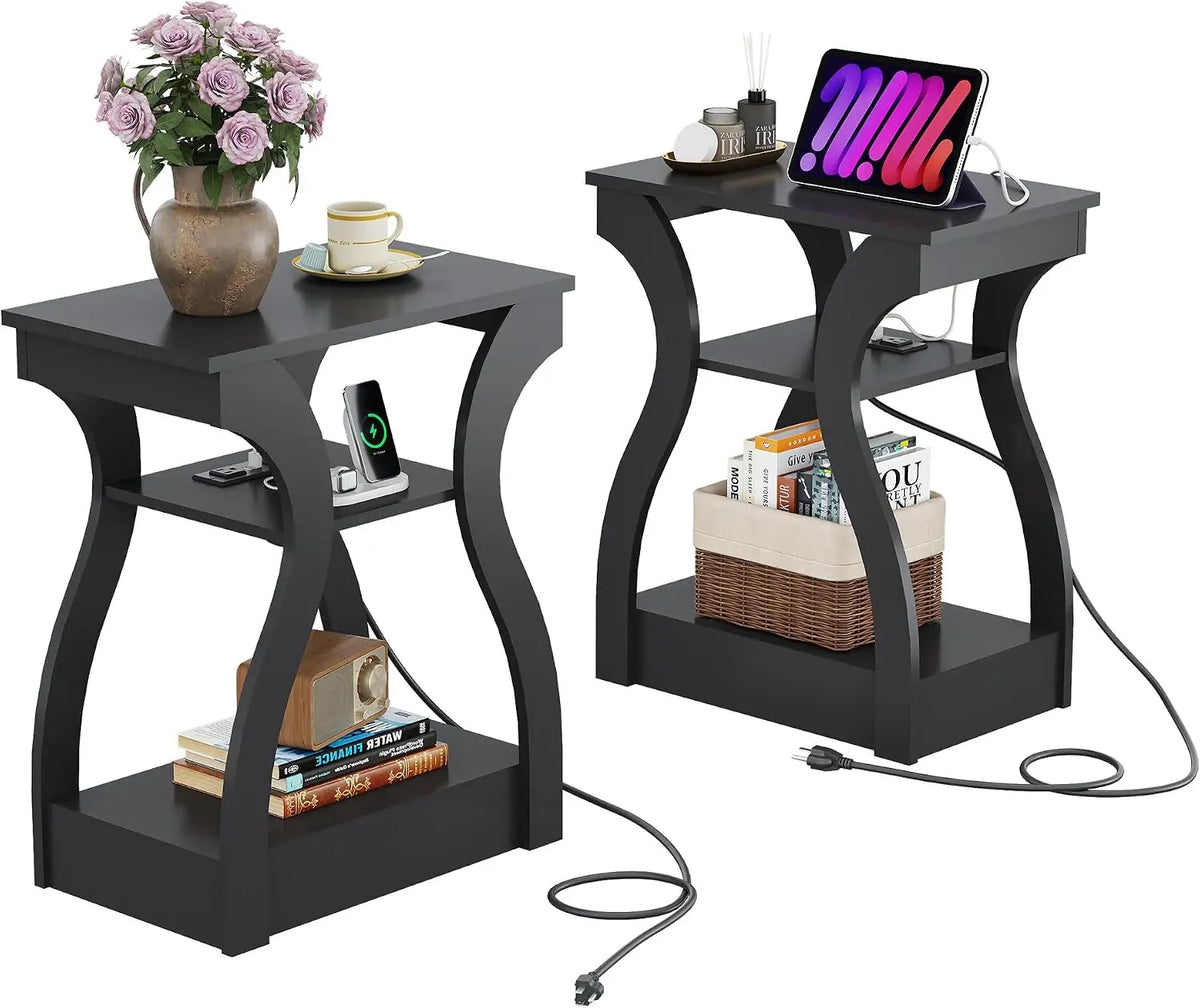Wooden End Tables With Charging Station And Storage Shelf