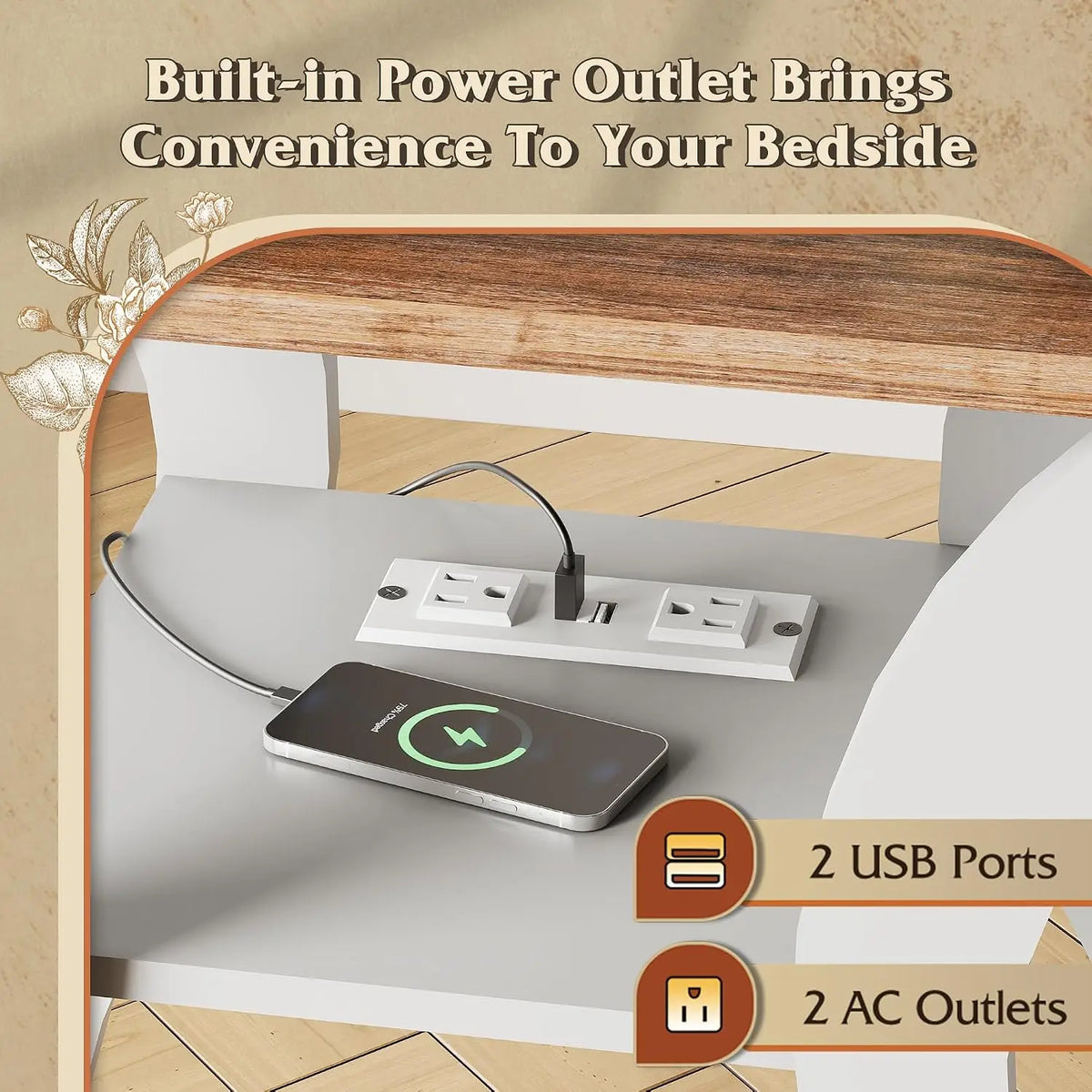 Wooden End Tables With Charging Station And Storage Shelf