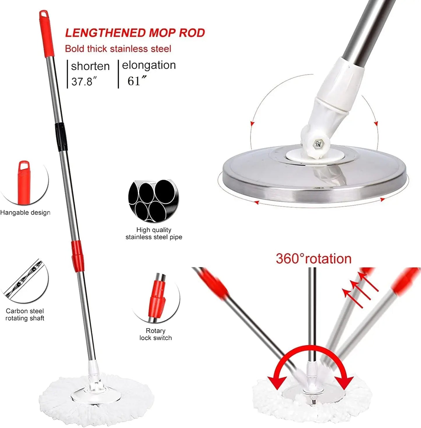 Stainless Steel Extendable Mop Handle With 2 Mop Heads