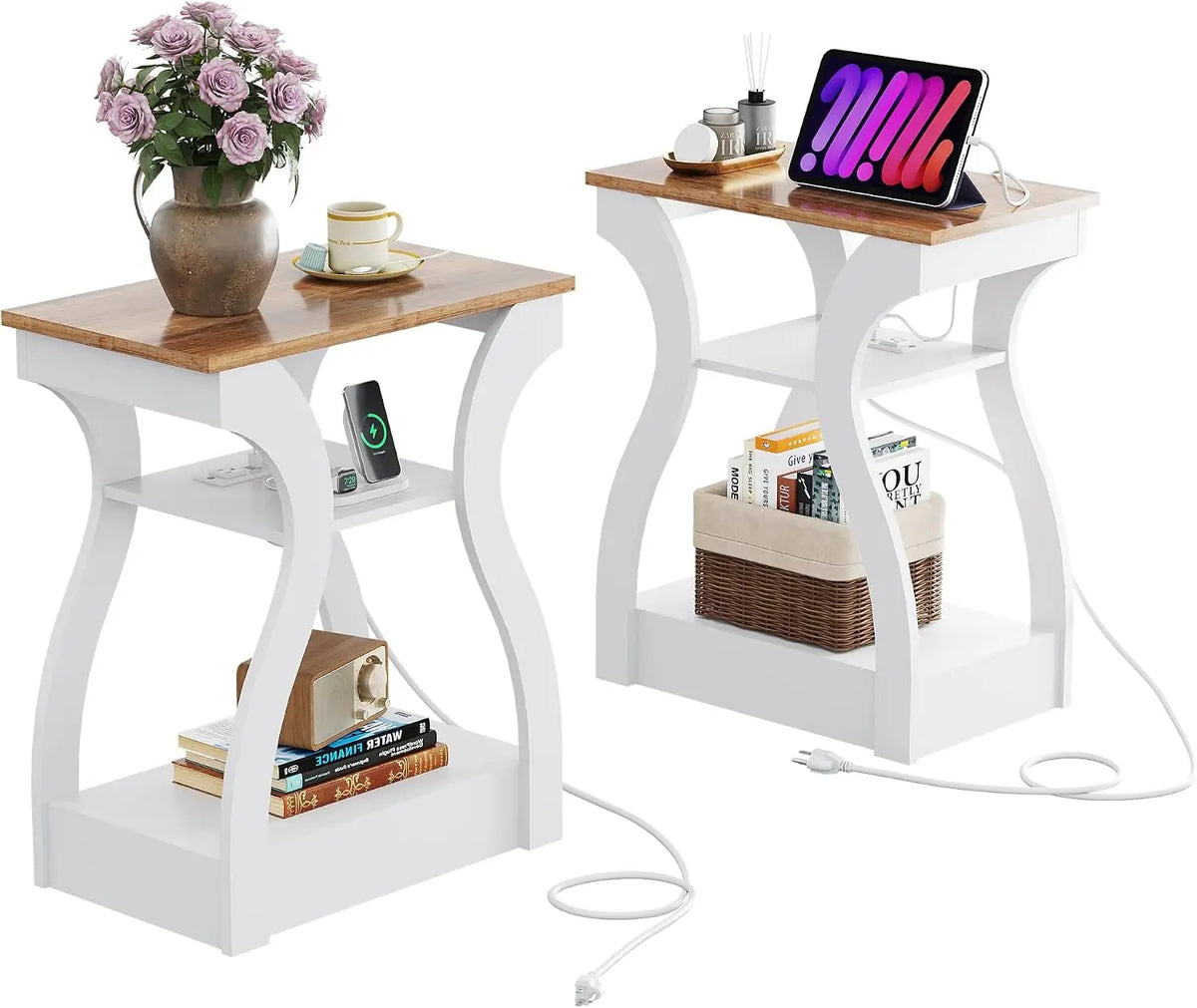 Wooden End Tables With Charging Station And Storage Shelf