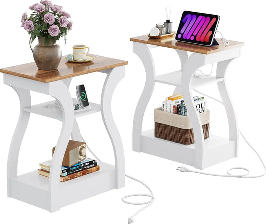 Wooden End Tables With Charging Station And Storage Shelf