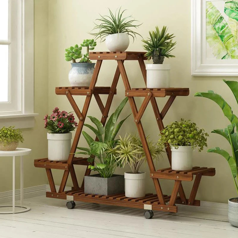 BINGOPAW Triangular Plant Shelf Six Pot Wood Stand On Wheels