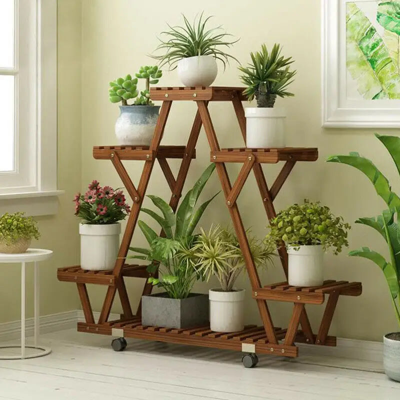 BINGOPAW Triangular Plant Shelf Six Pot Wood Stand On Wheels