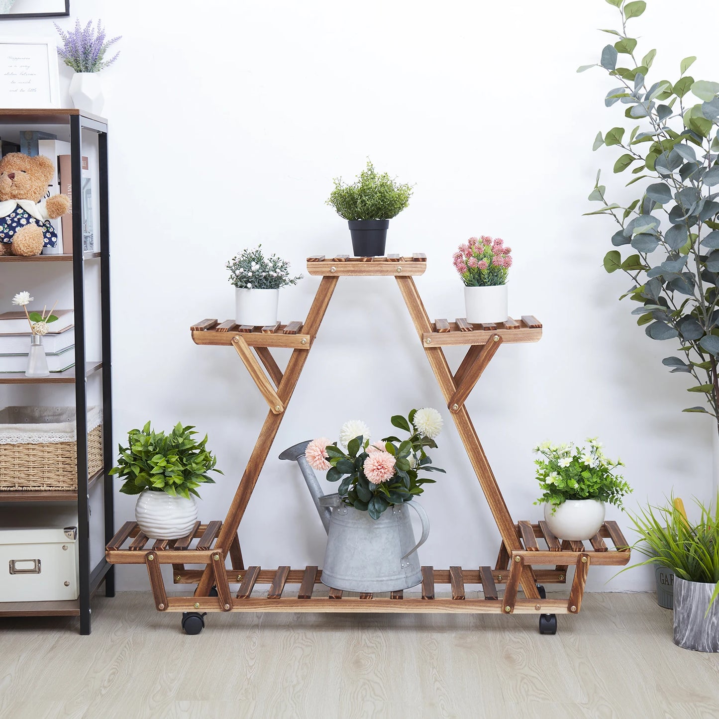 BINGOPAW Triangular Plant Shelf Six Pot Wood Stand On Wheels