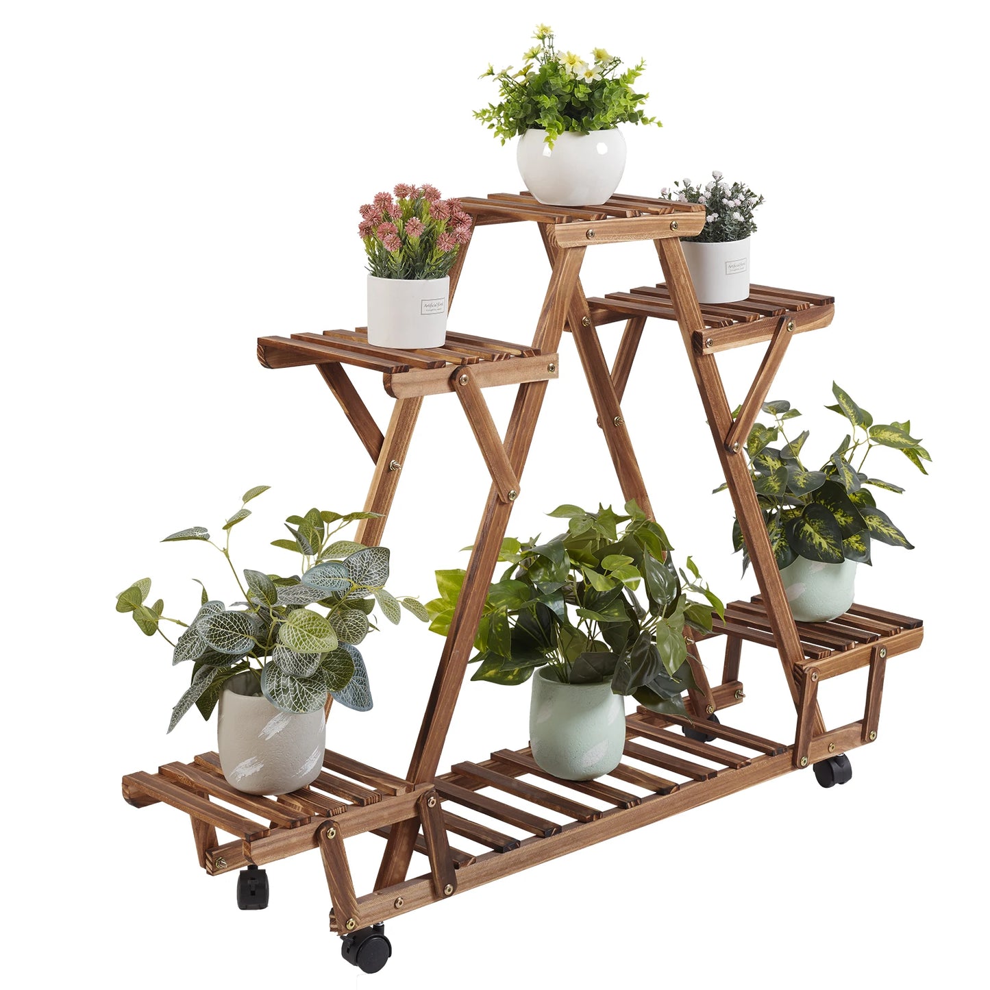 BINGOPAW Triangular Plant Shelf Six Pot Wood Stand On Wheels