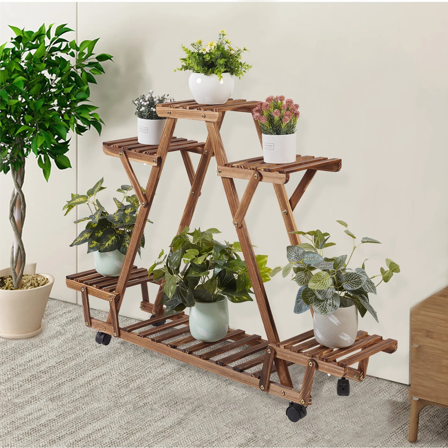 BINGOPAW Triangular Plant Shelf Six Pot Wood Stand On Wheels