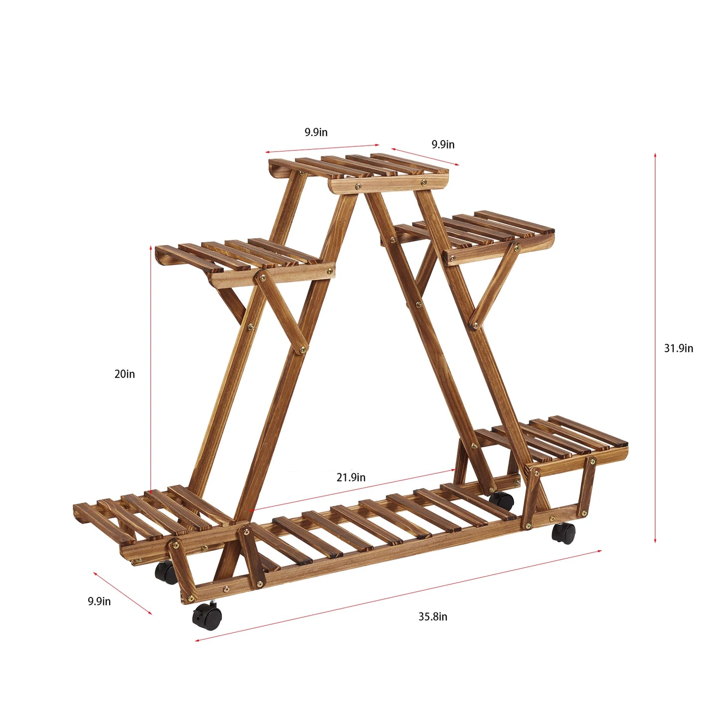 BINGOPAW Triangular Plant Shelf Six Pot Wood Stand On Wheels