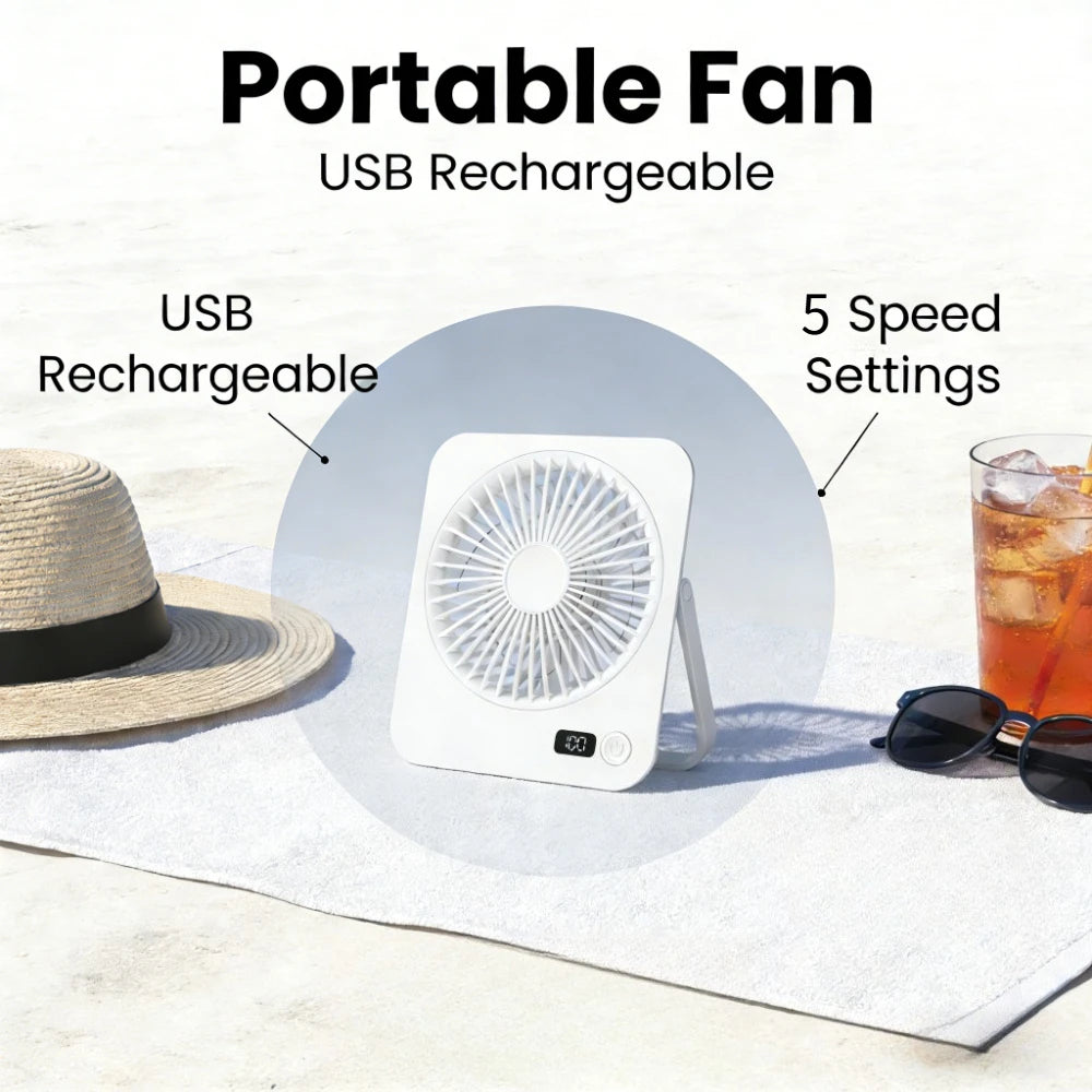 Rechargeable USB Mini Desktop Fan With Foldable Handle And 5 Speed Ultra Quiet