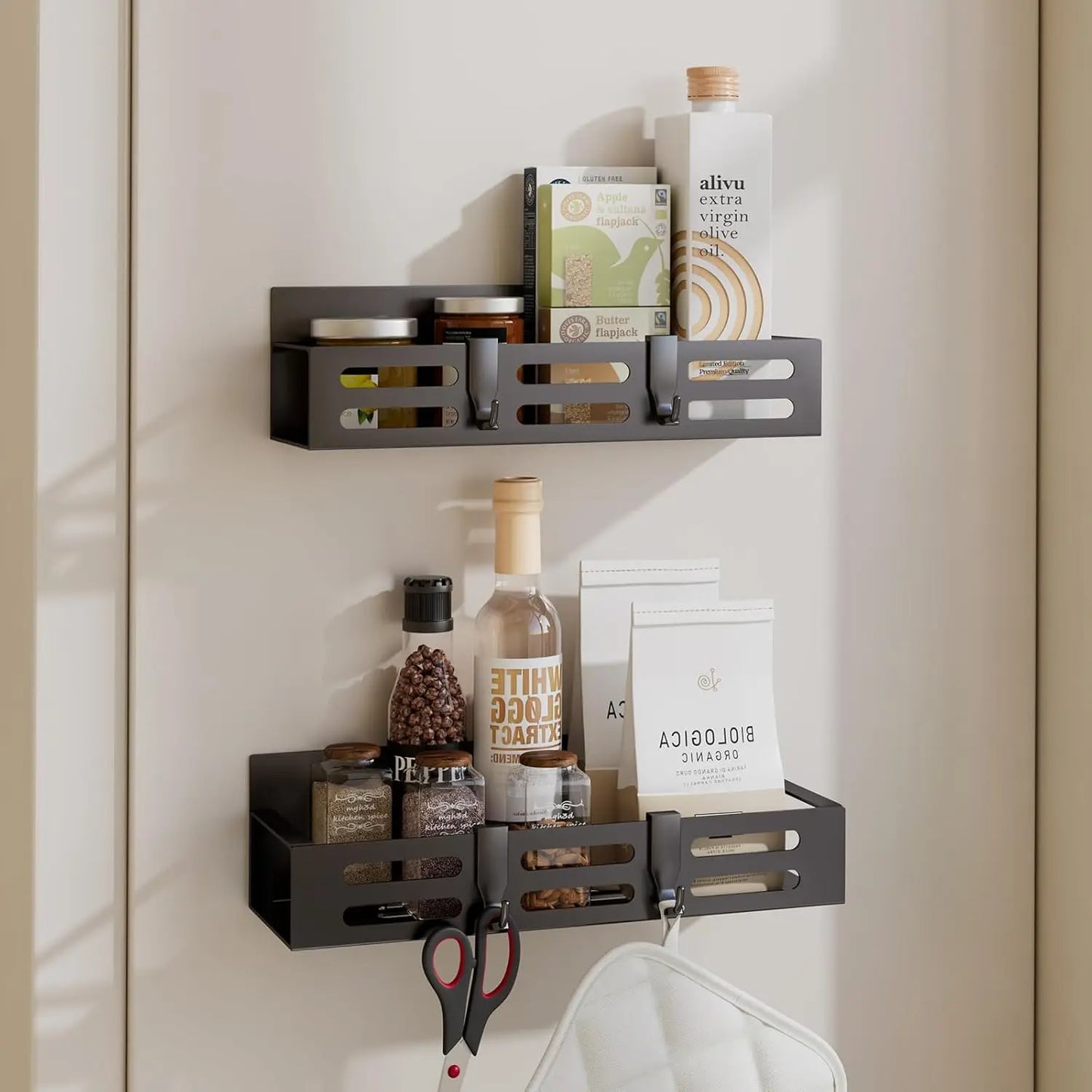 2 Pack Magnetic Spice Rack for Refrigerator, Black Shelf Organizer Kitchen Cabinet Storage Seasoning Mini Shelves