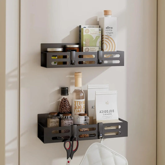 2 Pack Magnetic Spice Rack for Refrigerator, Black Shelf Organizer Kitchen Cabinet Storage Seasoning Mini Shelves