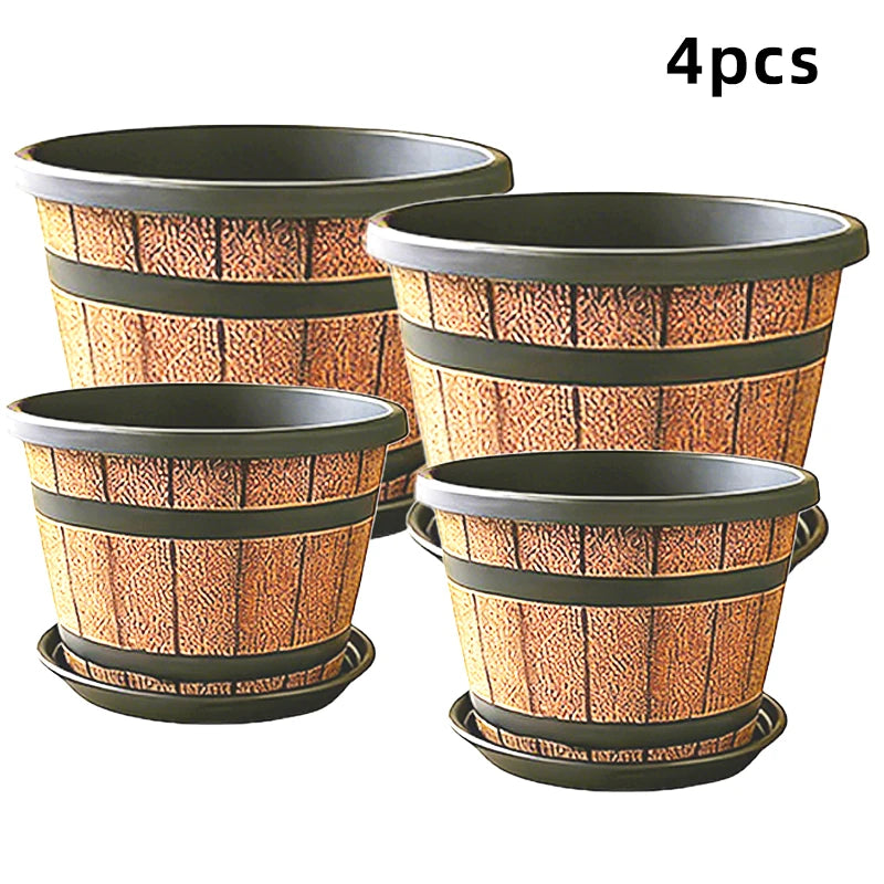 Resin Imitation Wooden Barrel Planter Indoor Outdoor Flower Pot