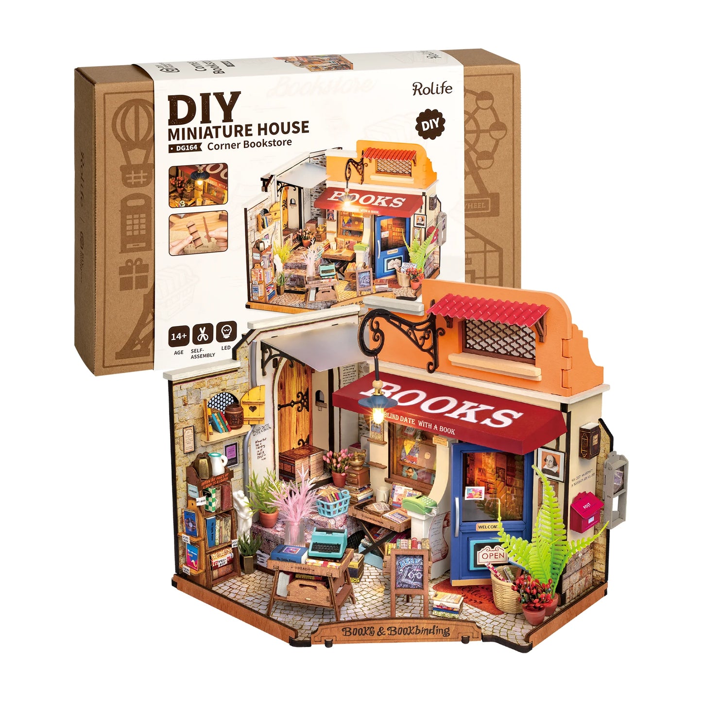 Rolife Corner Bookstore Dollhouse Kit 3D Wooden Puzzle