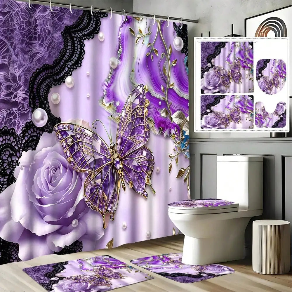 Marble Butterfly Shower Curtain Set With Anti Slip Lid