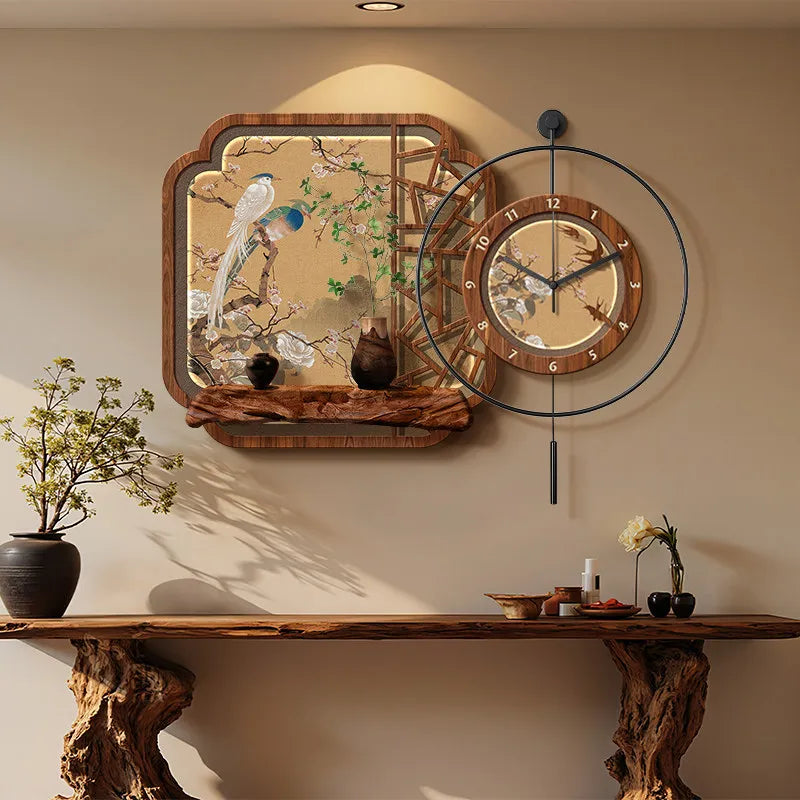 Chinese Flower and Bird Wall Clock Murals for Dining Room