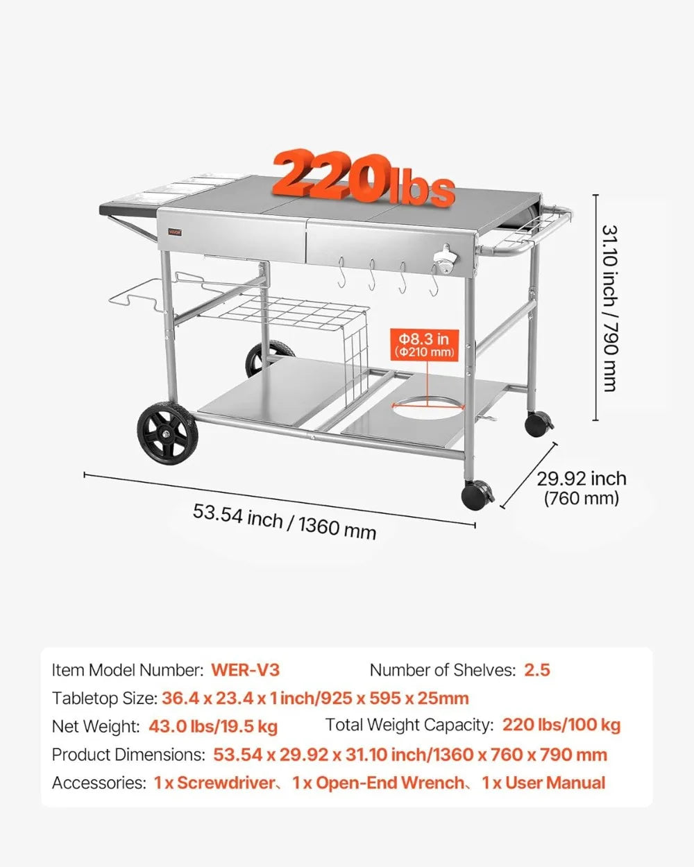 Outdoor Grill Cart With Wheels Movable BBQ Prep Table For Patio