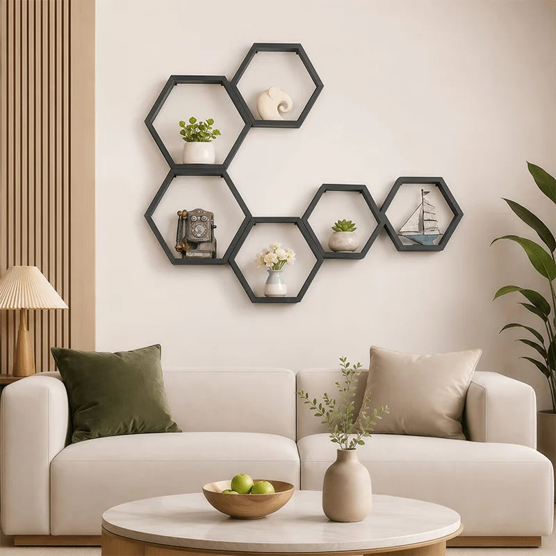 Set Of 3 Hexagonal Floating Wooden Wall Shelves