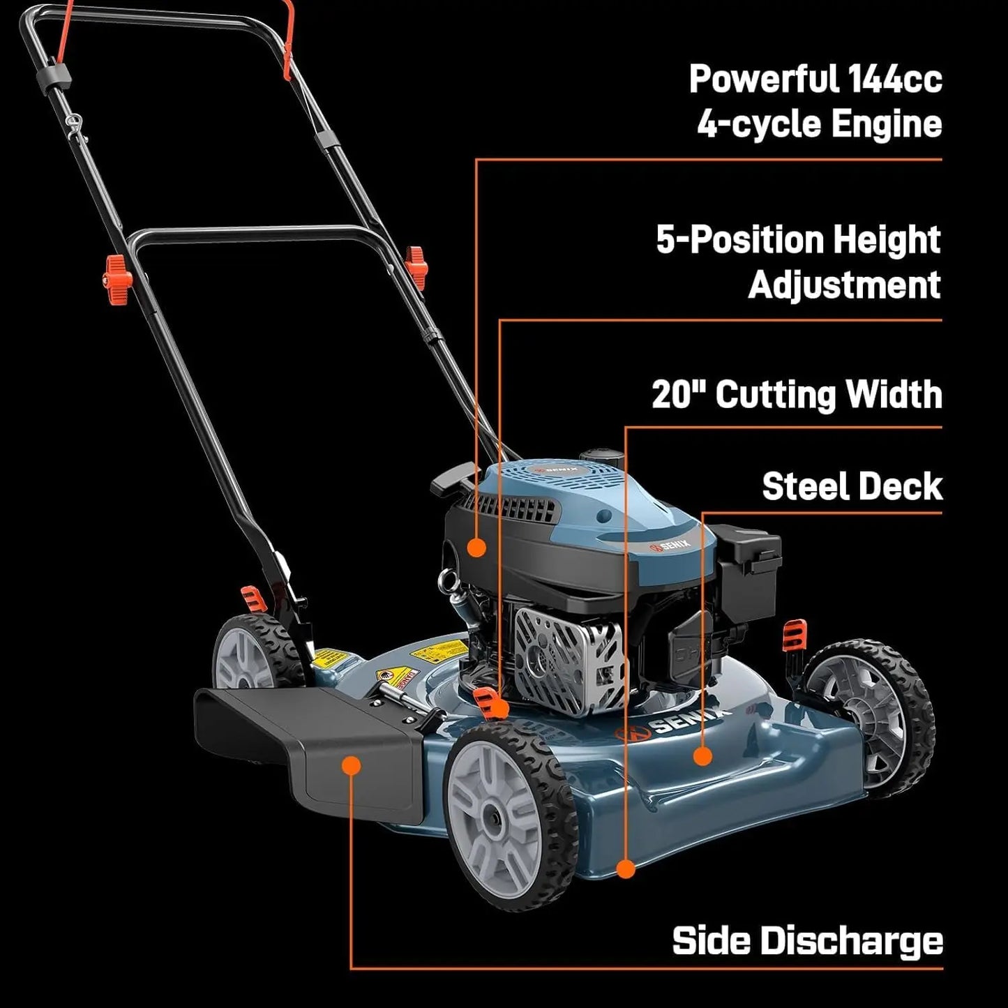 Gas Powered 144cc Lawn Mower With Side Discharge Height Adjustment