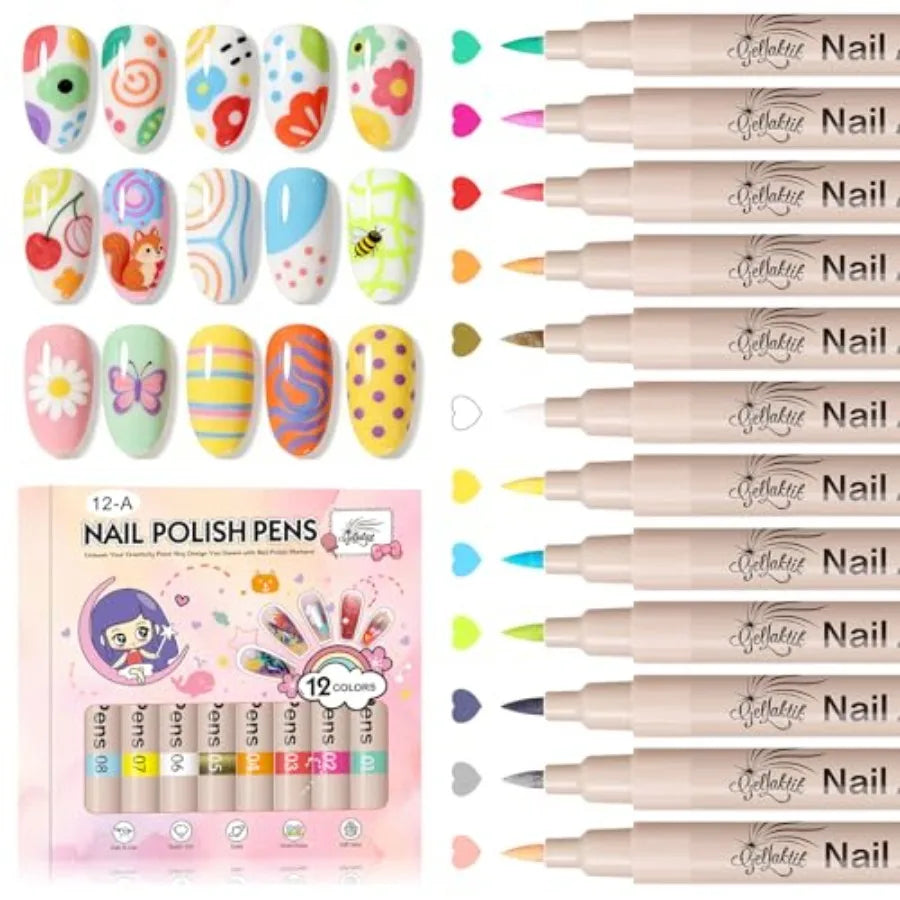 12 Colors Nail Art Pens Set 0.7mm Quick Drying Acrylic Markers For DIY