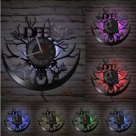 Forest Deer Vinyl Record Wall Clock LED Night Light