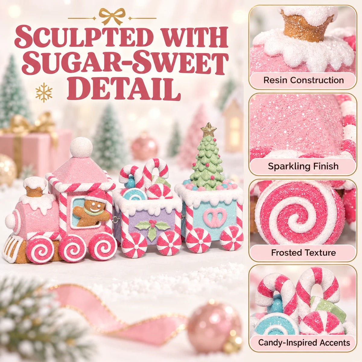 Hodao Gingerbread Christmas Train Figurine Set With Candy Themed Cars