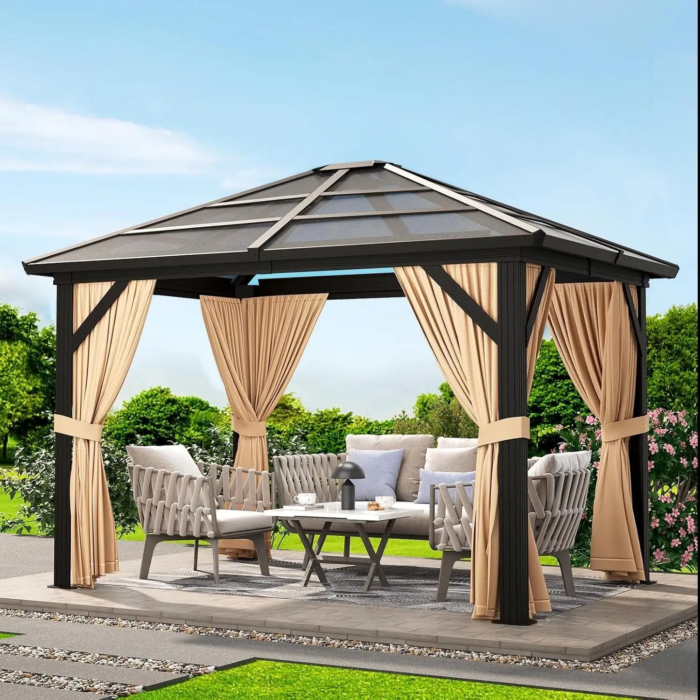 Hardtop Aluminum Gazebo With Mosquito Netting And Polycarbonate Panels