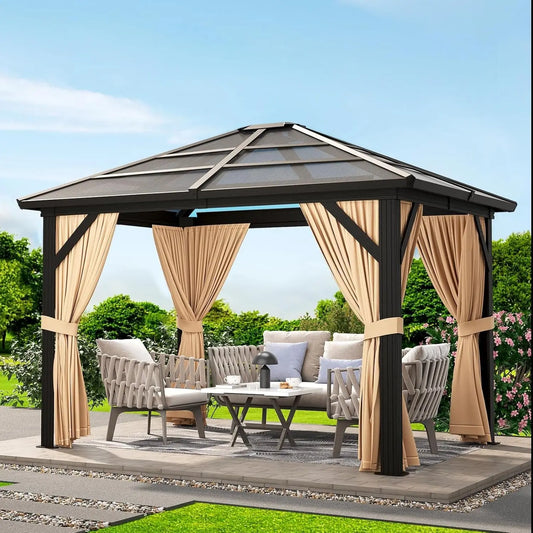 Hardtop Aluminum Gazebo With Mosquito Netting And Polycarbonate Roof