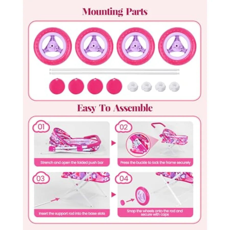 Folding Doll Pram Set With Baby Doll And 14 Accessories