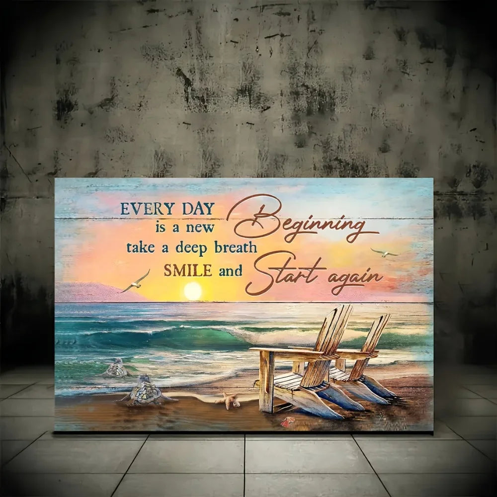 Pine Frame Beach Sunset Canvas Wall Art With Inspirational Quote
